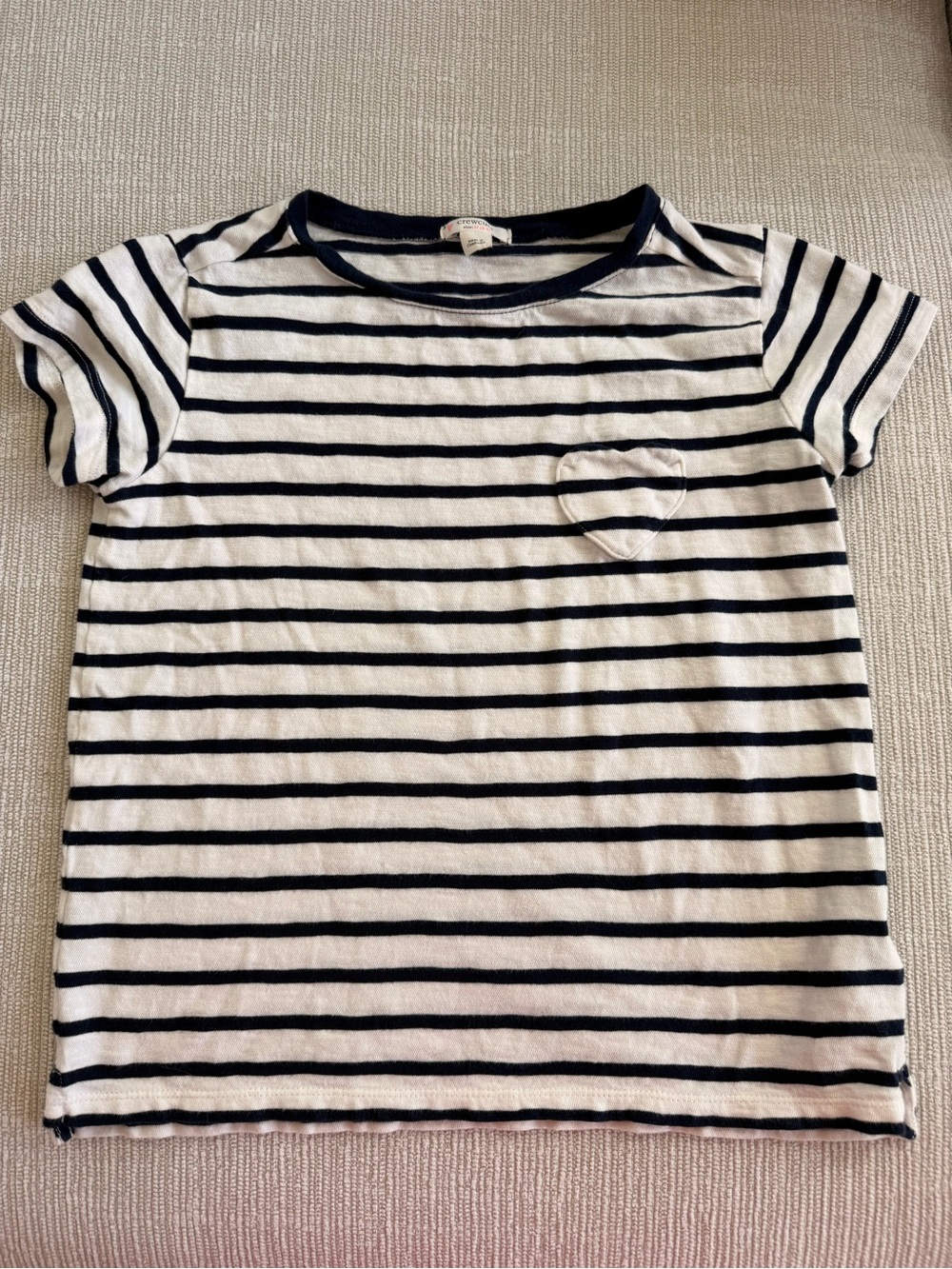 Crewcuts Navy and White Striped Heart Pocket Tee Medium